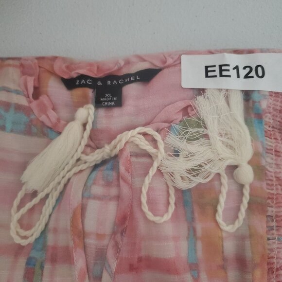 Zac & Rachel Womens Pink Plaid Blouse Size XL Smocked Tie Ruffled Neck Peasant - Picture 10 of 10